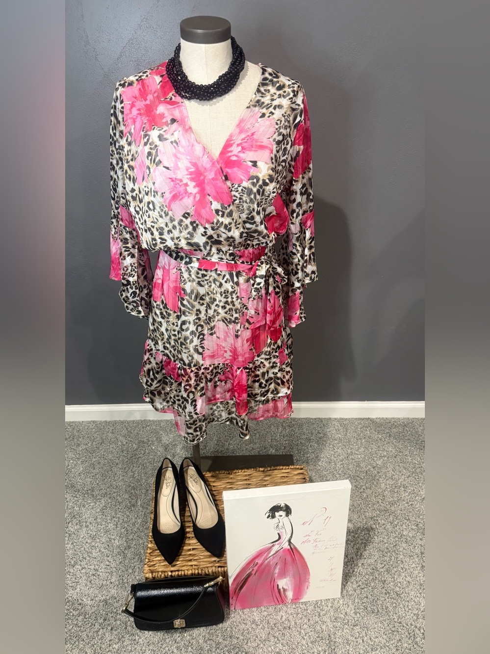 Boston Proper Pink Floral & Leopard-Print Wrap Midi Dress